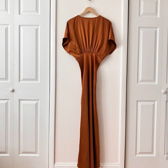 BHLDN Leila Satin Charmeuse Deep V Flutter Sleeve A-Line Gown - Picture 5 of 6